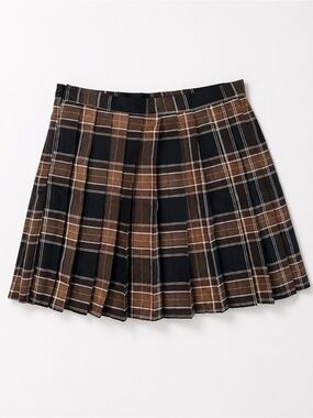 Urban Coco Pleated Mini Skirt Size Large Plaid Brown & Black School Girl Skirt